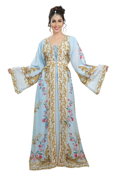 Pre-owned Maxim Creation Digital Print Kaftan Golden Floral Fabric Drawstring Lace With Pearl Beads 8463