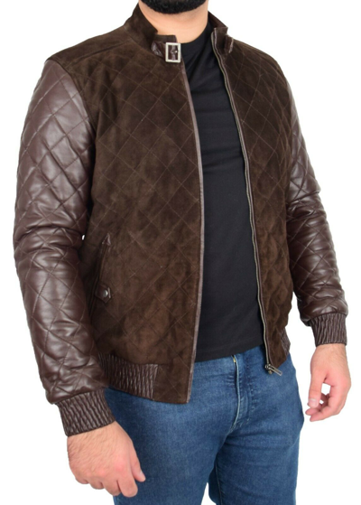 Pre-owned Fashion Mens Bomber Jacket Brown Suede And Leather Slim Fit Trendy Fully Quilted Varsity