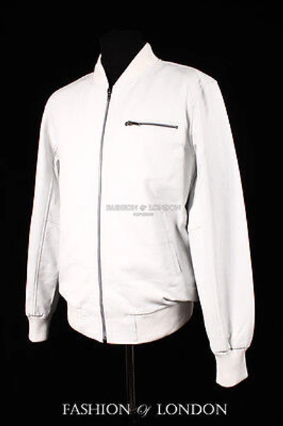 Pre-owned Real Leather Jackets And Coats Men's 70's Bomber Leather Jacket White Pilot Aviator Style Nappa Leather Jacket