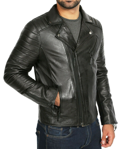 Pre-owned Fashion Mens Soft Black Leather Biker Jacket X-zip Fasten Slim Fit Trendy Designer Coat