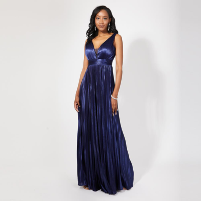 Pre-owned Krisp Women Satin Pleated Maxi Dress V Cut Formal Long Ball Gown Evening Wedding Party