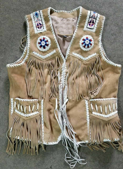 Pre-owned Claw Intl Men's Native American Western Beige Suede Leather Fringe Vest Beads Bones