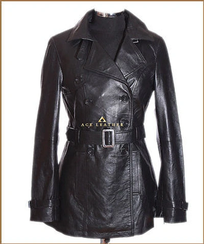 Pre-owned Ace Ladies Leather Trench Coat Black Soft Lambskin Leather Hip Length Coat Jacket