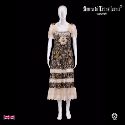 Pre-owned Amira Di Transilvania Woman Clothing Summer Couture Dress Black White Animal Print Country Romantic