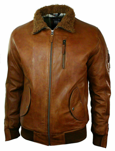 Pre-owned Original Retro Men's Real Leather Hooded Fur Bomber Aviator Distressed Wax Brown Jacket