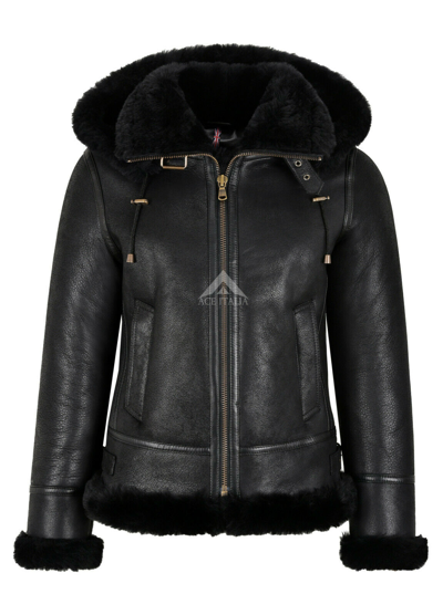 Pre-owned Carrie Ch Hoxton Ladies B3 Sheepskin Black/black Fur Detachable Hood Classic Ww2 Shearling Jacket
