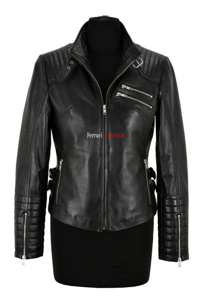 Pre-owned Carrie Ch Hoxton Ladies Biker Leather Jacket Black Lambskin Classic Zipped Casual Fashion Tops