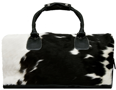 Pre-owned Infinity Leather Deluxe Leather Holdall Black Bag Genuine Cowhide & Cow Fur Weekend Duffel Travel