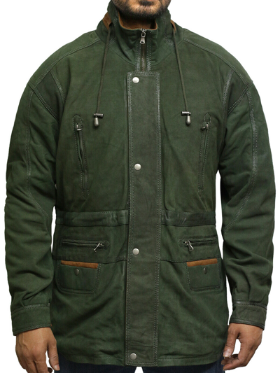 Pre-owned Brandslock Men's Real Leather Jacket Vintage Distressed Green Reefer Style Parka Coat