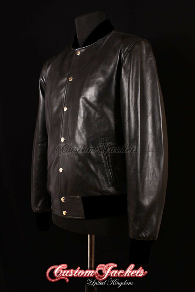 Pre-owned Real Leather Men's Baseball Leather Jacket Black College Varsity  Bomber Jacket