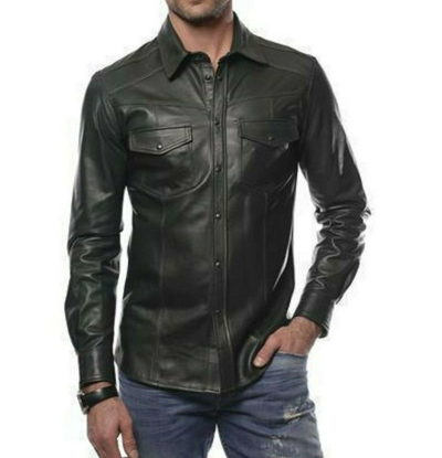 Pre-owned Motero Men's Green Real Sheepskin Soft & Lightweight Casual Motorcycle Leather Shirt