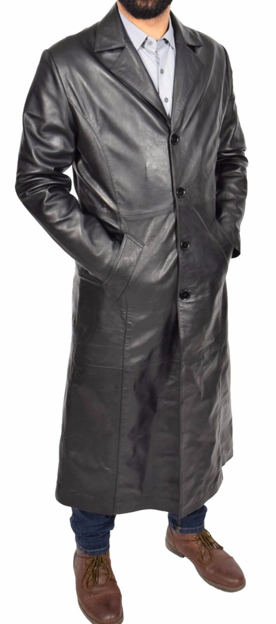 Pre-owned Fashion Mens Long Leather Coat Full Length Black Leather Trench Mac Overcoat
