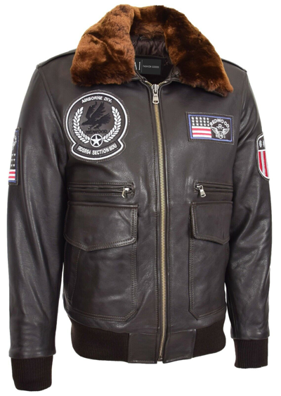 Pre-owned Fashion Mens Brown Cowhide Leather Pilot Flight Jacket Air Force Badges Style Bomber