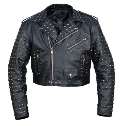 Pre-owned Style Men's Genuine Cow Leather Studded Brando Black Classic Biker  Jacket