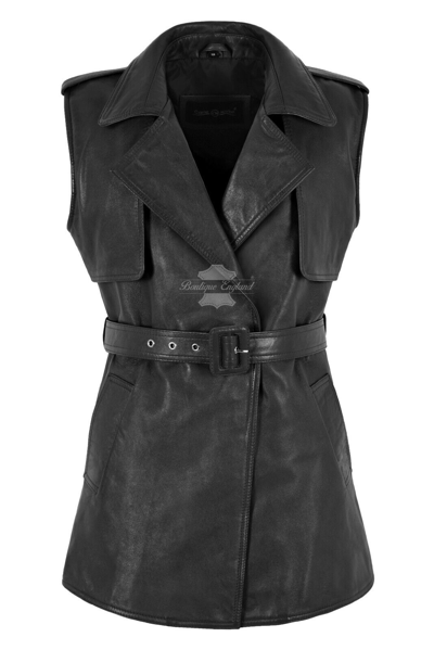 Pre-owned Smart Range Leather Women Leather Designer Waistcoat Belted Lambskin Leather Collared Long Waistcoat 7424