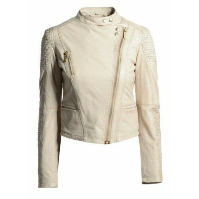 Pre-owned Of The Realm Branded Cream Puff Stand Collar Ladies Leather Biker Jacket Size 8,16 Xmas Sale