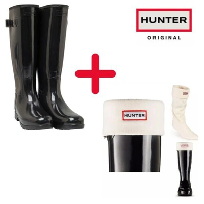Pre-owned Hunter Wellies Tall Ladies Gloss Black Wellington Boots + Socks - Various Sizes