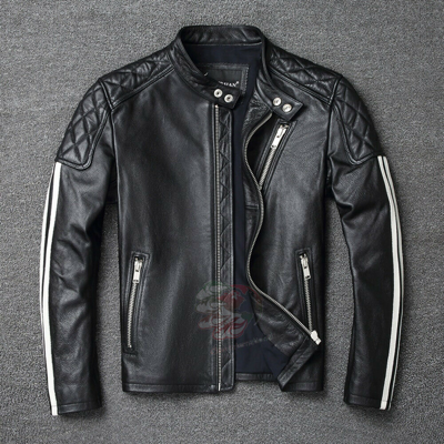 Pre-owned Claw Intl Men Leather Jacket 100% Genuine Cowhide Leather Jackets Slim Fit White Stripes