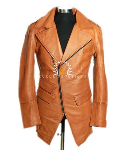 Pre-owned L.b Zephyr Tan Men's Smart Cross Zip Real Waxed Lambskin Leather Blazer Shirt Jacket