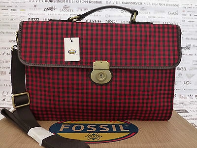 Pre-owned Fossil Document Carry Case Men Estate Shoulder Bag Red Check Briefcase R£169