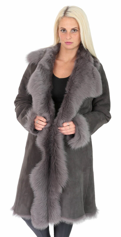 Pre-owned Fashion Womens Super Luxury Toscana Long Coat Real Sheepskin Grey Shearling Suede Jacket