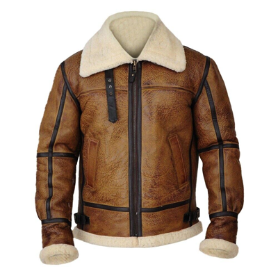 Pre-owned Style Raf Men's Brown Shearling Fur B3 Flight Bomber Aviator Real Leather Jacket Sale