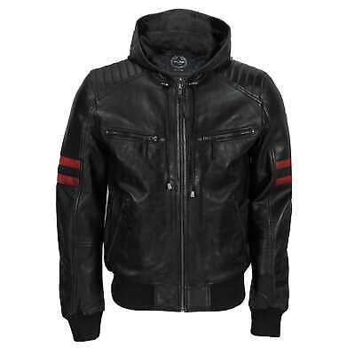 Pre-owned Luxe 7313 - Mens Slim Fit Black Real Leather Hood Vintage Casual Biker Bomber Jacket