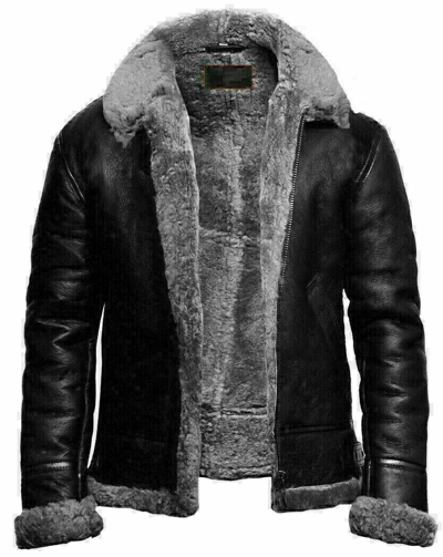 Pre-owned Style Mens Black Raf Shearling B3 Bomber Fur Collared Leather Jacket Aviator Sheepskin
