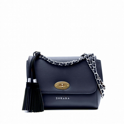 Pre-owned Zohara Tide Flapover Lock Navy Leather & Gold Chain