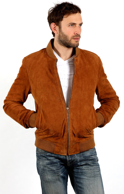 Pre-owned Infinity Men's Retro Varsity Tan Suede Bomber Jacket