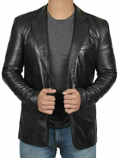 Pre-owned Leather Right Men's Black Genuine Lambskin Blazer Jacket