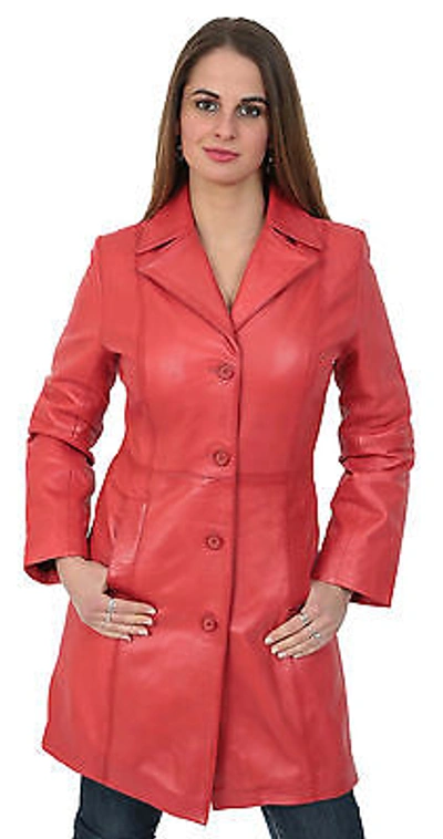 Pre-owned Fashion Womens Trench Red Leather Coat 3/4 Long Cynthia Classic Macs Fitted Jacket