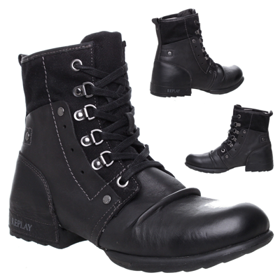 Pre-owned Replay Mens Boys  Black Leather Lace Up Military Biker Ankle Boots Shoes Size
