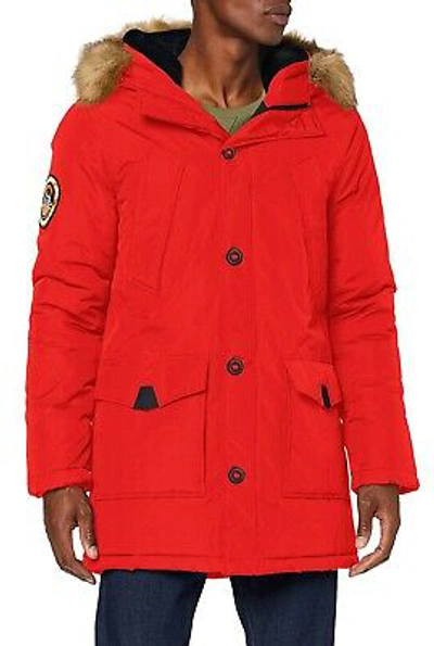 Pre-owned Superdry Faux Fur Parka Jacket Warm Long Hooded Padded Everest Winter Coat Red