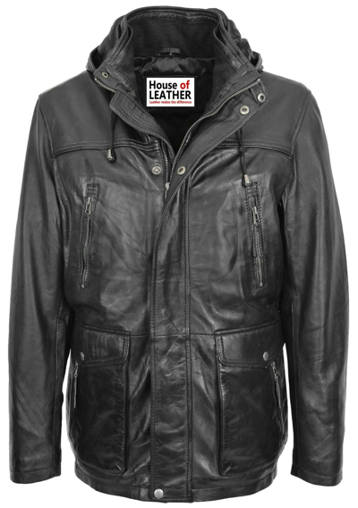 Pre-owned House Of Leather Mens Real Leather Parka Classic Detachable Hoodie Coat Logan Black