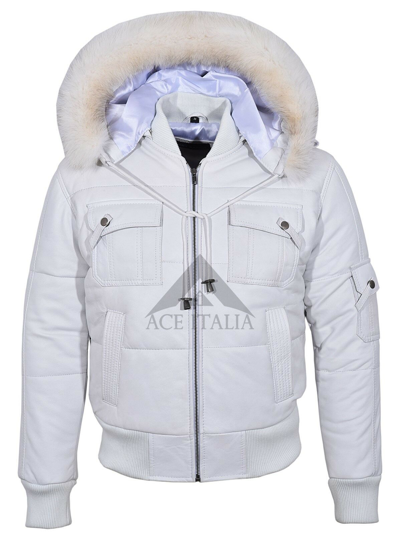 Pre-owned Smart Range Leather The Pilot Six Puffer Men's White Hooded Bomber Genuine Real Leather Jacket