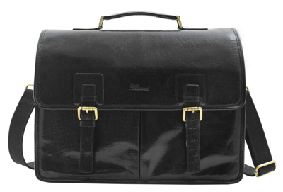 Pre-owned Fashion Mens Italian Leather Black Briefcase Expandable Office Bag Messenger Laptop Case