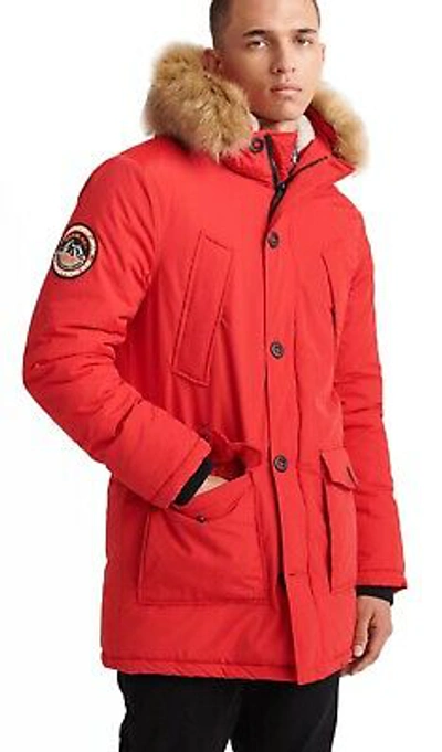 Pre-owned Superdry Faux Fur Parka Jacket Warm Long Hooded Padded Everest Winter Coat N Red