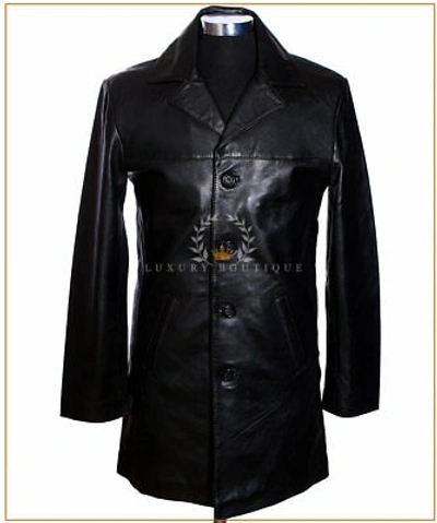 Pre-owned L.b Benjamin Black (sr3476) Men's Smart Knee Length Lambskin Leather Blazer Jacket