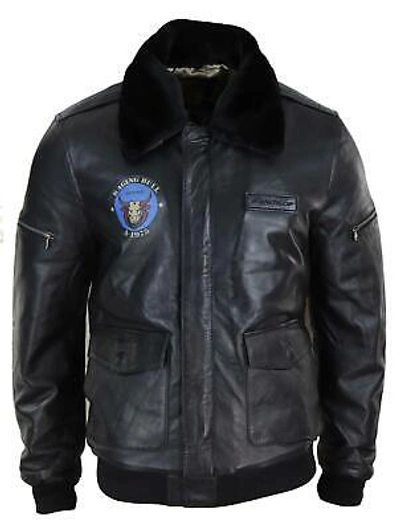 Pre-owned Aviatrix Mens Real Leather Bomber Jacket Aviator Fur Collar Pilot Raging Bull