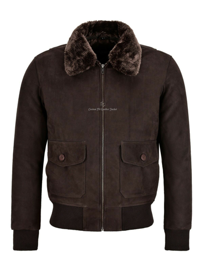 Pre-owned Smart Range Leather Men's Top Gun Jacket Classic Fur Collared Brown Nubuck Leather Bomber Jacket