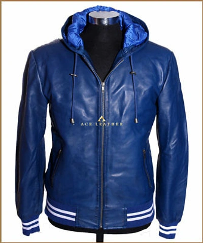 Pre-owned Harrington Men's Blue Baseball White Stripes Hooded Bomber Real Lambskin Leather Jacket