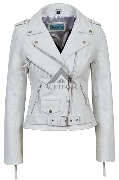 Pre-owned Carrie Ch Hoxton 'classic Brando' Ladies White Biker Style Motorcycle Cruiser Hide Leather Jacket