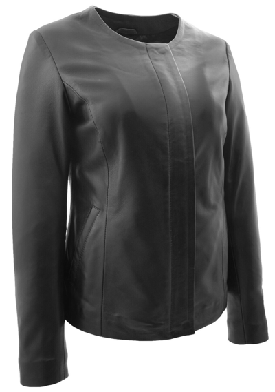 Pre-owned Fashion Women Black Leather Jacket Collarless Neckline Soft Fitted Zip Fasten Elena