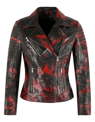 Pre-owned Smart Range Leather Supermodel Black Red Wax Gold Sparkle Real Leather Biker Gothic Fashion Jacket