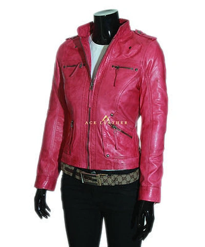 Pre-owned Ace Kelly Fuchsia Ladies Biker Style Designer Retro Real Lambskin Leather Jacket