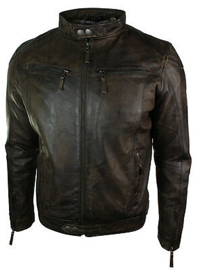 Pre-owned Aviatrix Mens Real Leather Jacket Biker Style Vintage Brown Zipped Pockets Casual Fitted