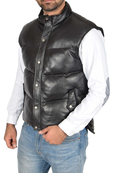 Pre-owned Fashion Mens Quilted Leather Waistcoat Black Puffer Body Warmer Waistcoat Sleeveless Gilet