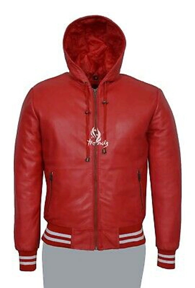 Pre-owned Real Leather Men's Hooded Leather Jacket Red Bomber Sport Hoodie Genuine Leather Jacket Tops