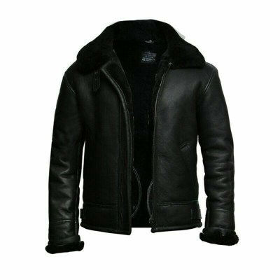 Pre-owned Ag Baison Men S Black Genuine Fur B 3 Bomber Shearling Aviator Flying Leather Jacket